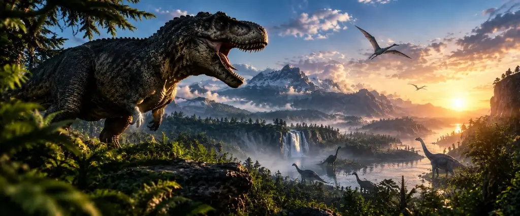 T. rex on a forest ledge above a valley, waterfall, and mountains at sunset.